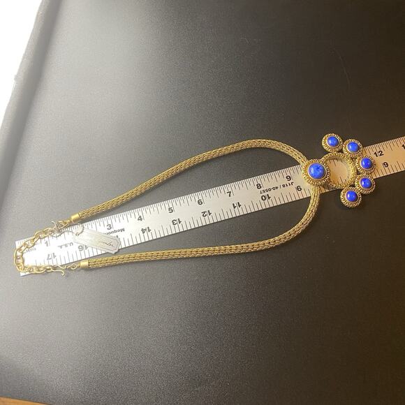 VTG Sarah Cavender Metalworks Gold Tone Mesh Blue Glass Cabochon Necklace NWT - Picture 8 of 8